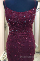 Backless Mermaid Beaded Maroon Lace Long Evening Prom Dress, Backless Burgundy Lace Formal Dress, Burgundy Tulle Evening Dress