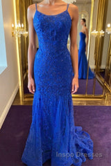 Backless Mermaid Blue Lace Tulle Long Evening Prom Dress, Mermaid Blue Formal Dress, Blue Lace Evening Dress