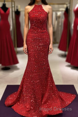 Backless Mermaid Burgundy Sequins Long Evening Prom Dress, Mermaid Burgundy Formal Dress, Burgundy Evening Dress