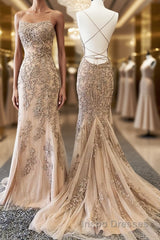 Backless Mermaid Champagne Lace Evening Prom Dress, Champagne Backless Mermaid Lace Formal Evening Dress