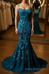Backless Mermaid Dark Teal Lace Long Evening Prom Dress, Mermaid Teal Lace Long Formal Evening Dress