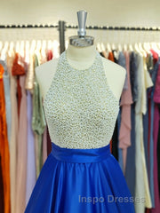Ball Gown Jewel Floor-Length Satin Evening Prom Dress With Rhinestone