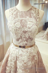 Gorgeous Round Neck Sleeveless Lace Evening Prom Dress Sweep Train with Appliques