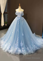 Ball Gown Off-the-Shoulder Sweep Train Tulle Prom Dresses With Appliqued