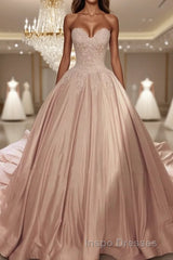 Ball Gown Sweetheart Court Train Satin Evening Prom Dress With Appliques Lace