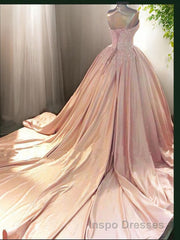 Ball Gown Sweetheart Court Train Satin Evening Prom Dress With Appliques Lace
