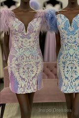 Blue Deep Off-the-Shoulder Sequins-Embroidered Sheath Homecoming Dress