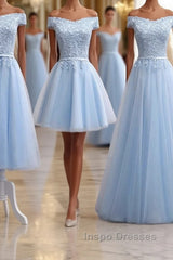 Sky Blue A Line Lace Off Shoulder Evening Prom Dress, Lace Evening Dress