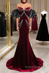 Beauiful Wine Red Off Shoulder Mermaid Long Evening Prom Dress, Wine Red Party Dress