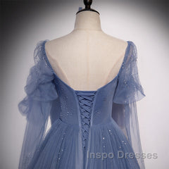 Beautiful Blue Tulle Beaded Long Formal Dress Party Dress, A-Line Wedding Party Dress