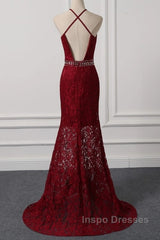 Beautiful Dark Red Lace Halter Beaded Evening Dress, Mermaid Evening Prom Dress