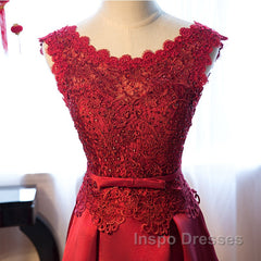 Beautiful Dark Red Lace Long Junior Evening Prom Dress, Lace Top Party Dress