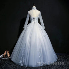Beautiful Grey A-Line Long Sleeves With Lace Party Gown Sweet 16 Dress Evening Prom Dress