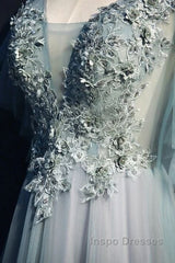 Beautiful Light Green Tulle Long Party Dress, Green Lace Low Back Evening Prom Dress Evening Dress