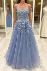 Beautiful Long A-line Scoop Neck Tulle Lace Formal Evening Prom Dress