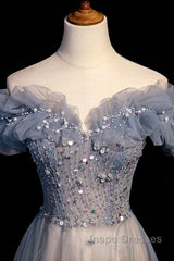 Beautiful Off Shoulder Puffy Sleeves Beaded Party Dress Evening Prom Dress, Blue Evening Gown
