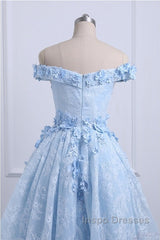 Beautiful Off The Shoulder Blue Evening Prom Dress Lace Applique,  High Low Evening Prom Dress