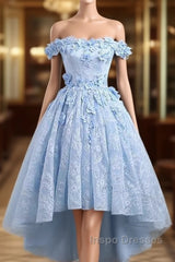 Beautiful Off The Shoulder Blue Evening Prom Dress Lace Applique,  High Low Evening Prom Dress
