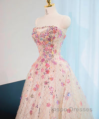 Beautiful Pink Beaded Flowers A-Line Strapless Long Evening Prom Dress Gorgeous Formal Evening Dress