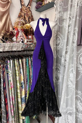 Beautiful Purple V-Neck Lace Mermaid Long Evening Prom Dress Backless Birthday Party Dress