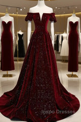 Beautiful Wine Red Off Shoulder Velvet Long Party Dress, A-Line Dark Red Evening Prom Dress