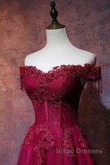 Beautiful Wine Red Tulle Sweetheart Long Evening Prom Dress, A-Line Party Dress