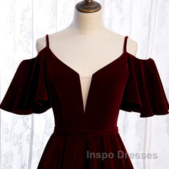 Beautiful Wine Red Velvet Off Shoulder Floor Length Party Dress, Velvet Junior Evening Prom Dress