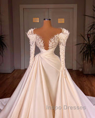 Biztunnel Long Mermaid V-neck Satin Lace Wedding Dress with Sleeves