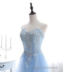 Light Blue Tulle Lace Long Evening Prom Dress, Formal Dress