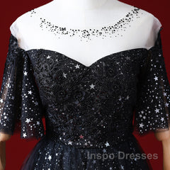Black A-Line Gradient Tulle Short Sleeves Evening Prom Dress, Black Long Evening Dress