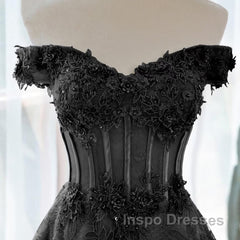 Black A-Line Lace Off Shoulder Tulle With Lace Evening Prom Dress, Black Long Evening Dress