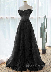 Black A-Line Lace Off Shoulder Tulle With Lace Evening Prom Dress, Black Long Evening Dress
