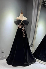 Black A-Line Off Shoulder Tulle Velvet Long Evening Prom Dress,Sequin Formal Evening Dress
