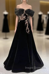 Black A-Line Off Shoulder Tulle Velvet Long Evening Prom Dress,Sequin Formal Evening Dress