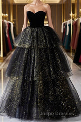 Black  A-Line Tulle Shiny Tulle Long Evening Prom Dress, Black Tulle Formal Dress