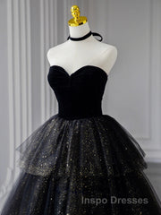 Black  A-Line Tulle Shiny Tulle Long Evening Prom Dress, Black Tulle Formal Dress