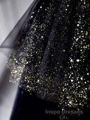 Black  A-Line Tulle Shiny Tulle Long Evening Prom Dress, Black Tulle Formal Dress
