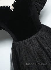 Black Haler Tulle And Velvet Long Evening Prom Dress, Black A-Line Tulle Evening Dress