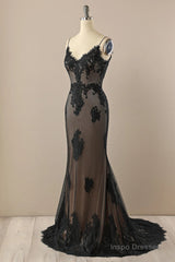 Black Mermaid V-neckline Straps Lace Party Dress, Black Mermaid Prom Dress