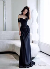 Black Off Shoulder Soft Satin Floor Length Party Dress, Black Satin Evening Dress