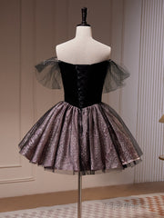 Black Off Shoulder Tulle Short Prom Dress, Black Homecoming Dress