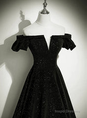 Black Off Shoulder Velvet Long Party Dress Prom Dress, Black Simple Evening Dress