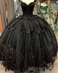 Black Quinceanera Dress with Flowers,Long Sweet 16 Dress