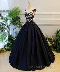Black round neck satin long Evening Prom gown, black evening Dress