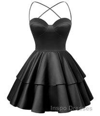 Black Satin Homecoming Dress Sweetheart Neck Tiered Short Graduation Dress