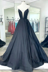 Black Satin Long A-Line Prom Dress,Women Evening Party Dresses