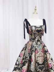 Black Satin Straps A-line Floral Long Formal Dress, Black Evening Dress