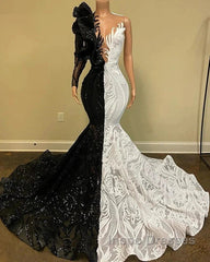 Black Sequin Trumpet Mermaid Long Sleeve Evening Prom Dress