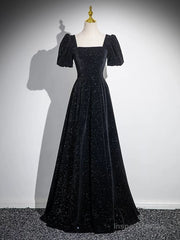 Black Short Sleeves A-line Simple Prom Dress, Black Party Dress Bridesmaid Dress