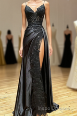 Black Spaghetti Straps Lace Appliques Evening Prom Dress with Slit